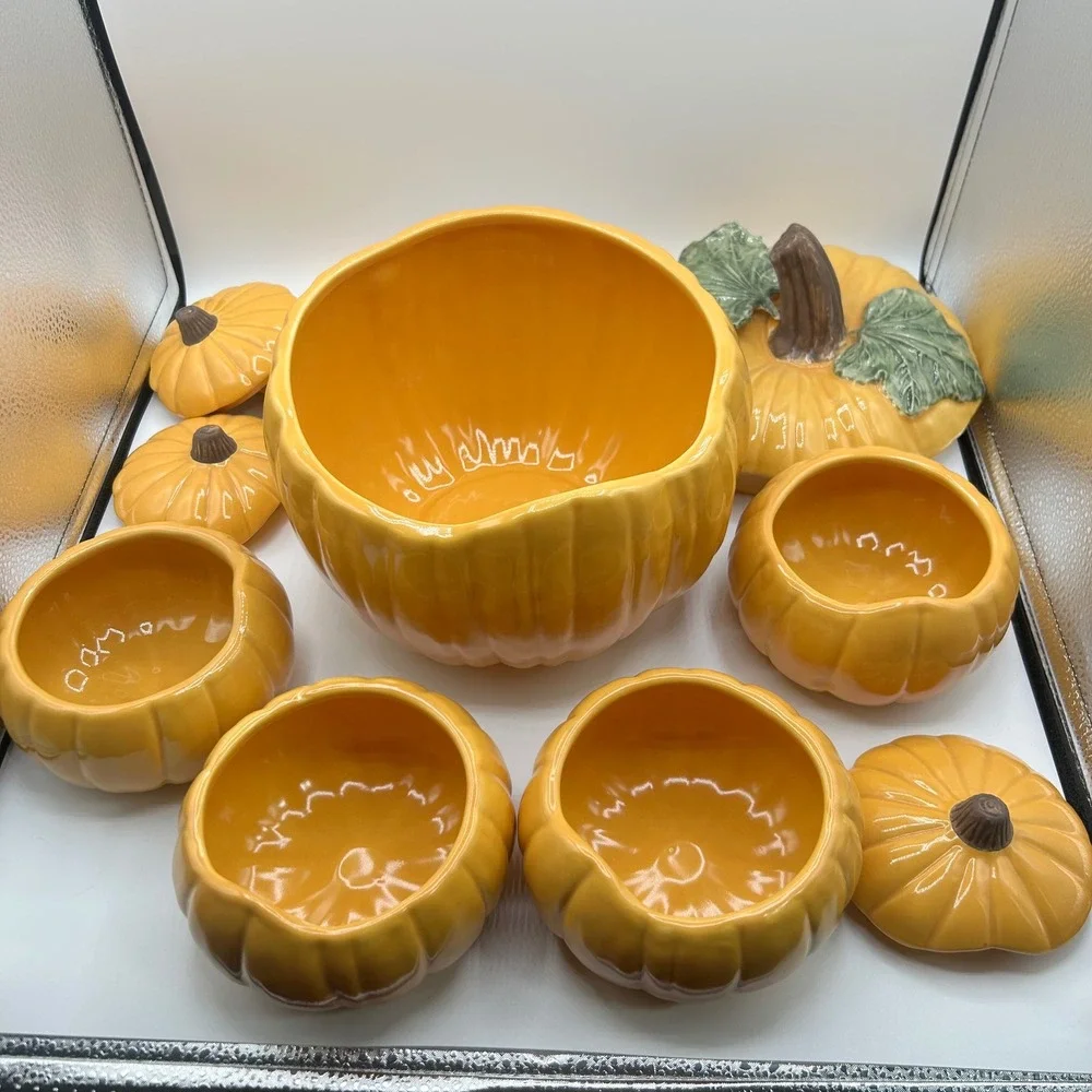 Williams Sonoma Pumpkin Tureen & 4 Lidded Bowls Set Orange Stoneware Fall Decor